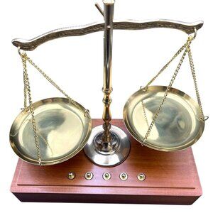 Vintage Brass Balance Scale on Wooden Box Base w/ Weights – Decorative Justice S